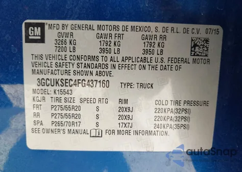 2015 Chevrolet Silverado 1500 2Lz из США, поврежденный, VIN 3GCUKSEC4FG437160